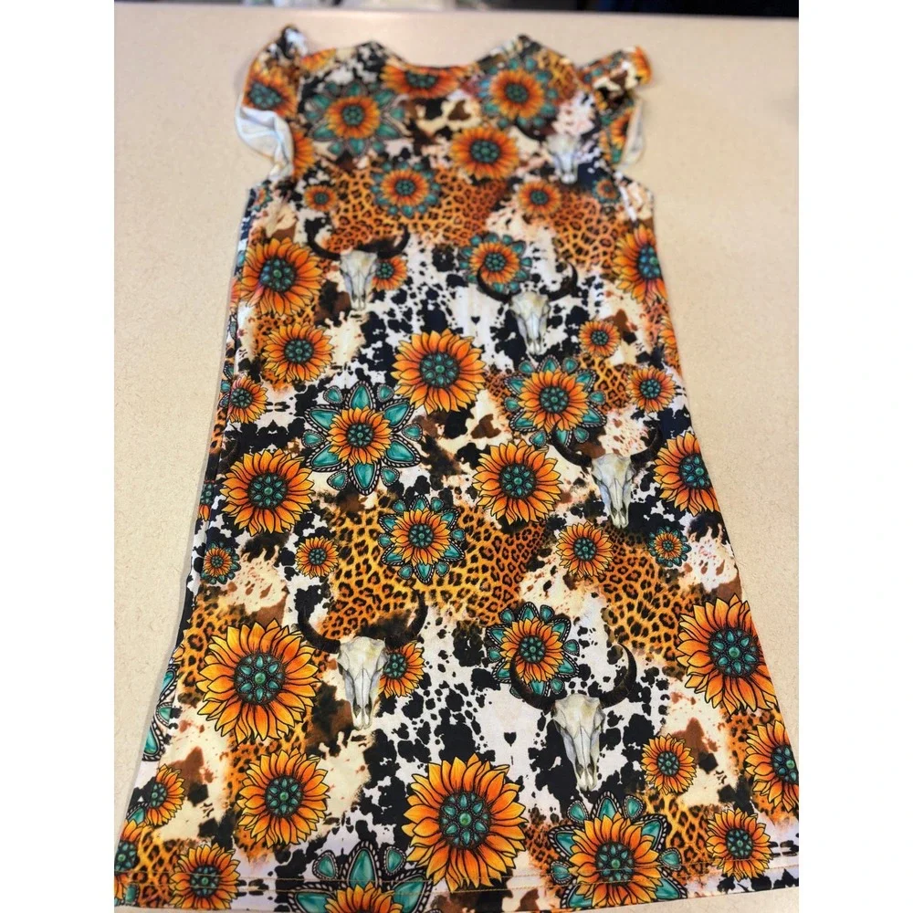 Western Can't Be Tamed Sunflower Cow Leopard Print‎ Ruffle Cap Sleeve Dress Kids